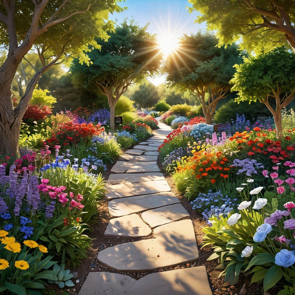 A serene pathway winding through a vibrant garden, symbolizing the journey of patients navigating tumors, with diverse individuals sharing supportive interactions. Include uplifting symbols of awareness, like ribbons and hearts, intertwined among blooming flowers. A bright sun illuminating the path, representing hope and holistic care. Art style: super-realistic. vibrant colors. peaceful atmosphere.