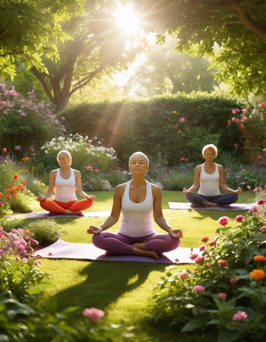 A serene and uplifting scene depicting a diverse group of cancer survivors engaging in various holistic health practices such as yoga, meditation, and gardening in a vibrant garden setting. Soft sunlight filters through the leaves, creating a warm and hopeful atmosphere. Incorporate symbols of health, like blooming flowers and fruits, to convey vitality and wellness. super-realistic. vibrant colors. natural light.