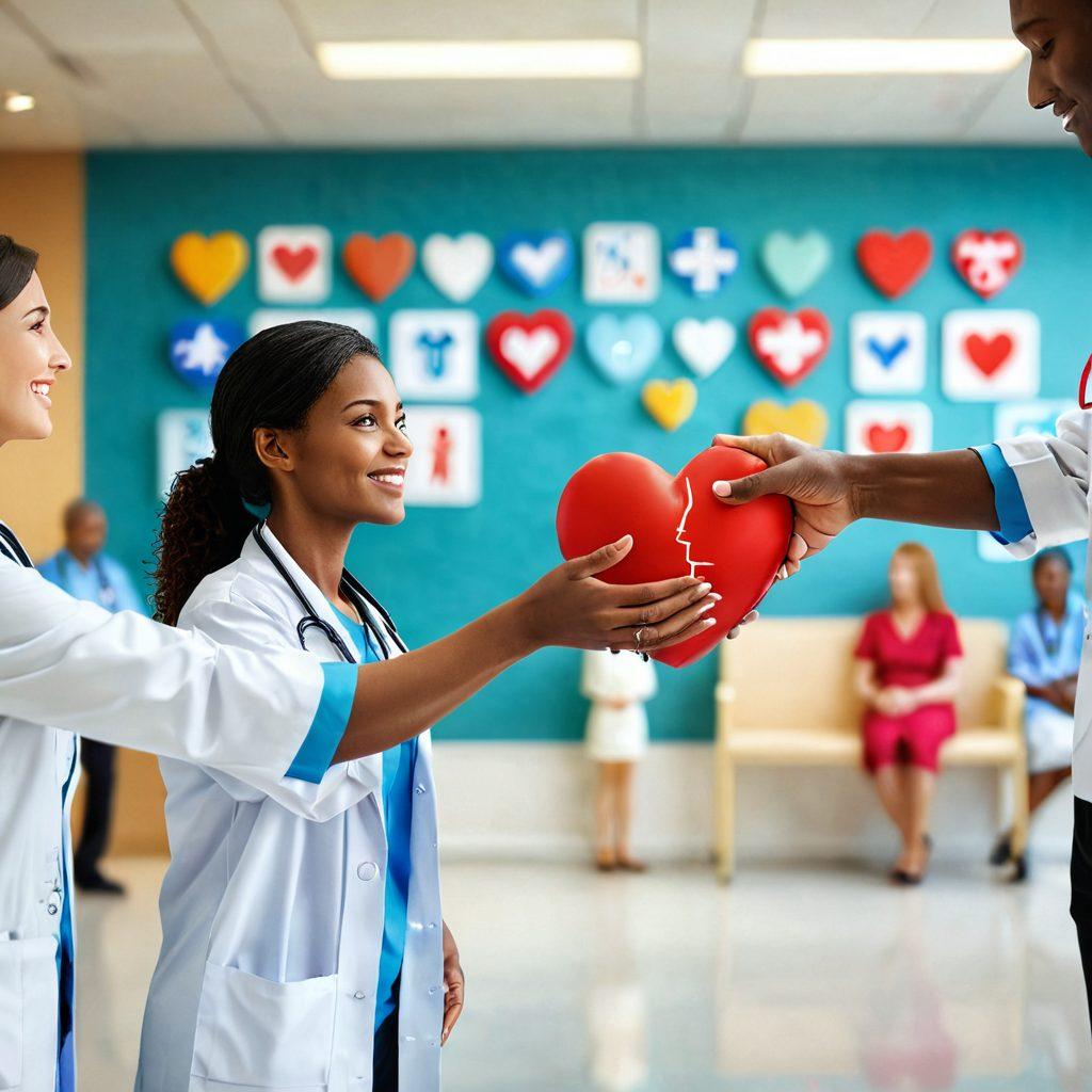 A compassionate healthcare professional supporting a patient in a modern hospital setting, surrounded by symbols of advocacy such as hands shaking, heart icons, and a diverse group of patients and caregivers. The atmosphere should convey hope and collaboration, with warm colors and natural lighting. super-realistic. vibrant colors. 3D.